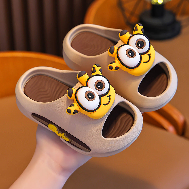 Children's anti-slip indoor sandal slippers, beige with yellow animal-face appliques and open toe
