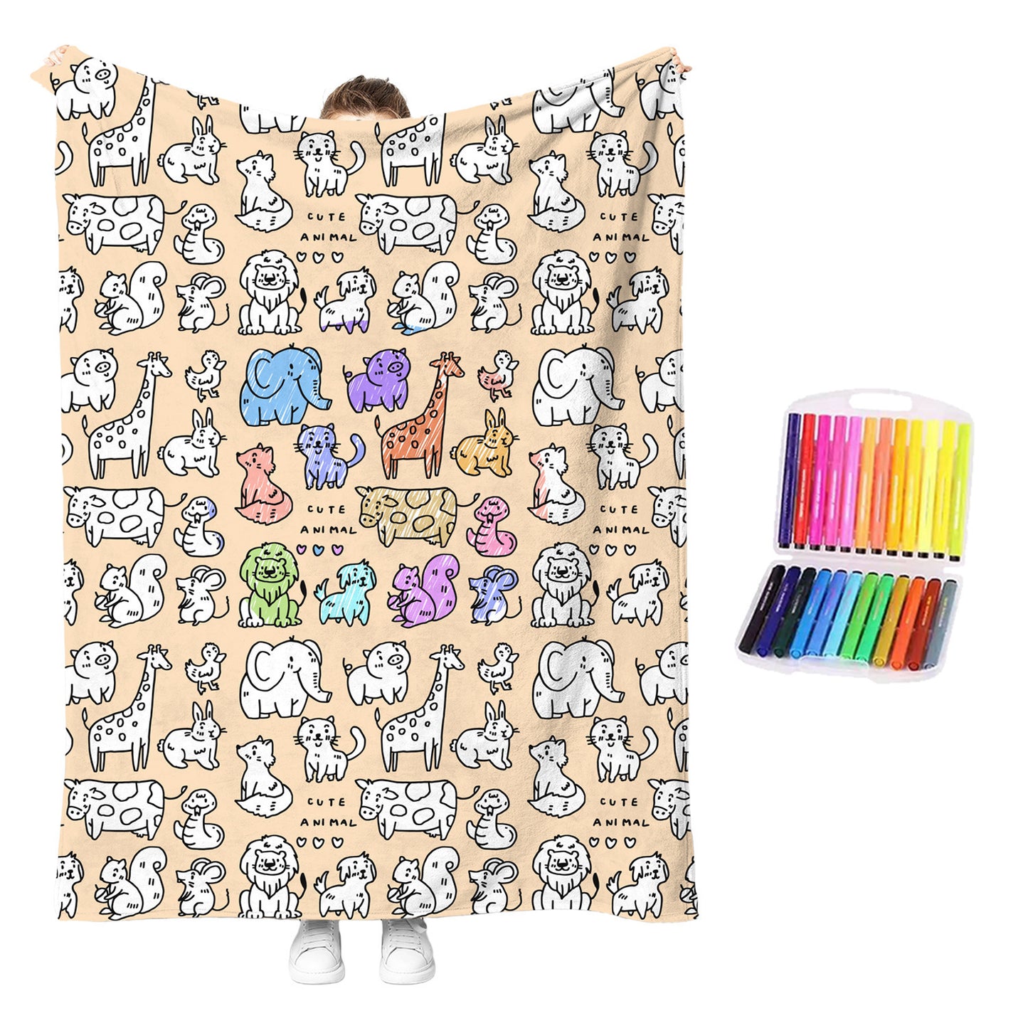 Animal-outline washable coloring blanket, beige; includes rainbow color pens