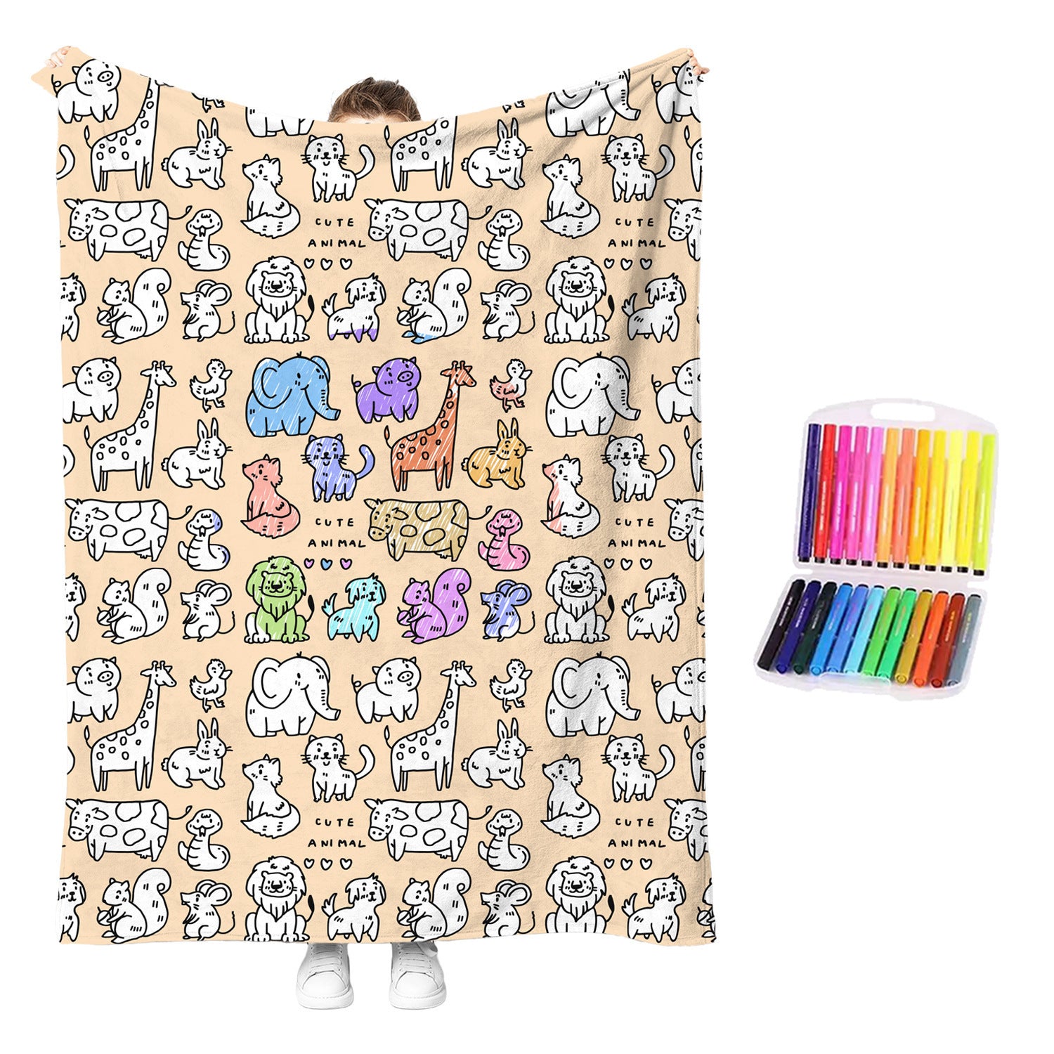 Animal-outline washable coloring blanket, beige; includes rainbow color pens