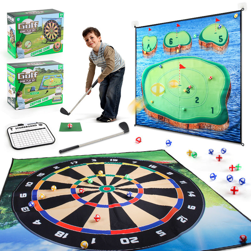 Children’s golf game mat set with scoreboard, putter, and two numbered playing fields