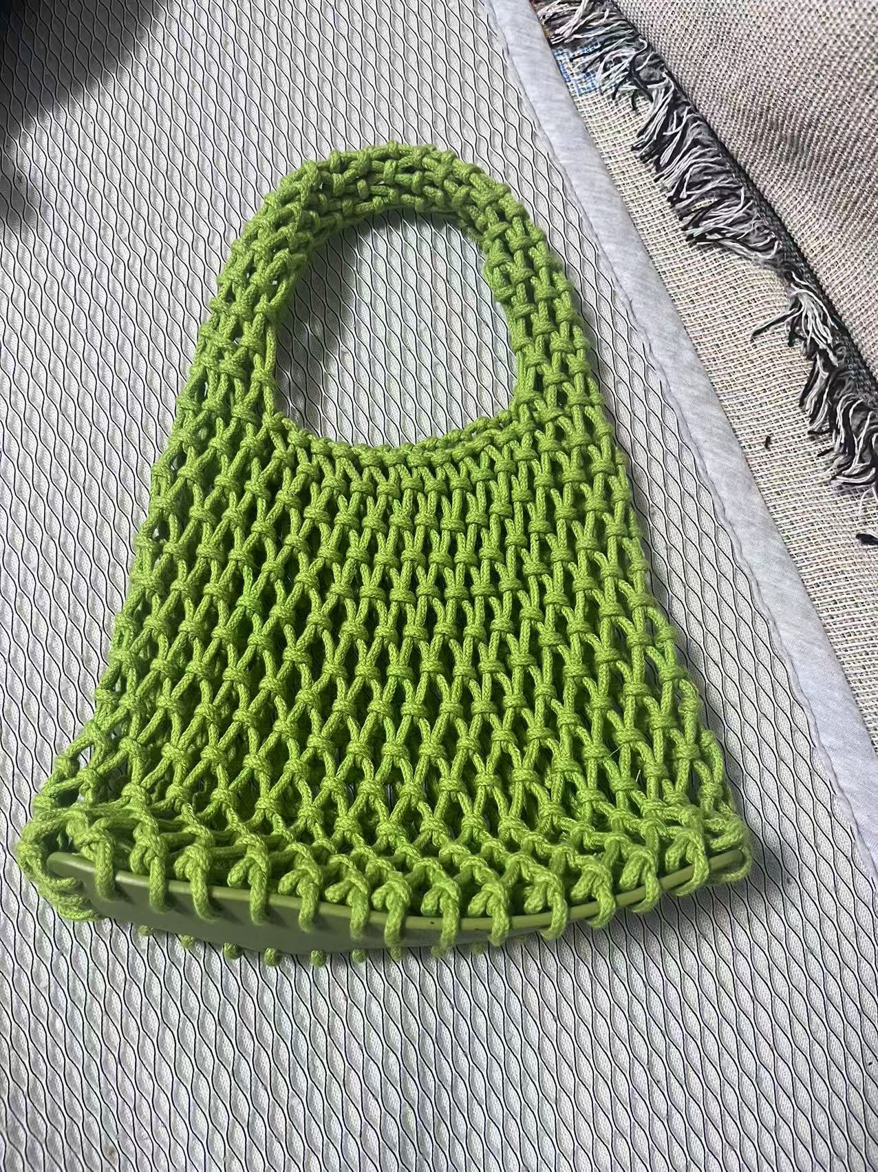 Lime green cotton rope woven bucket bag with hollow net texture and short handle