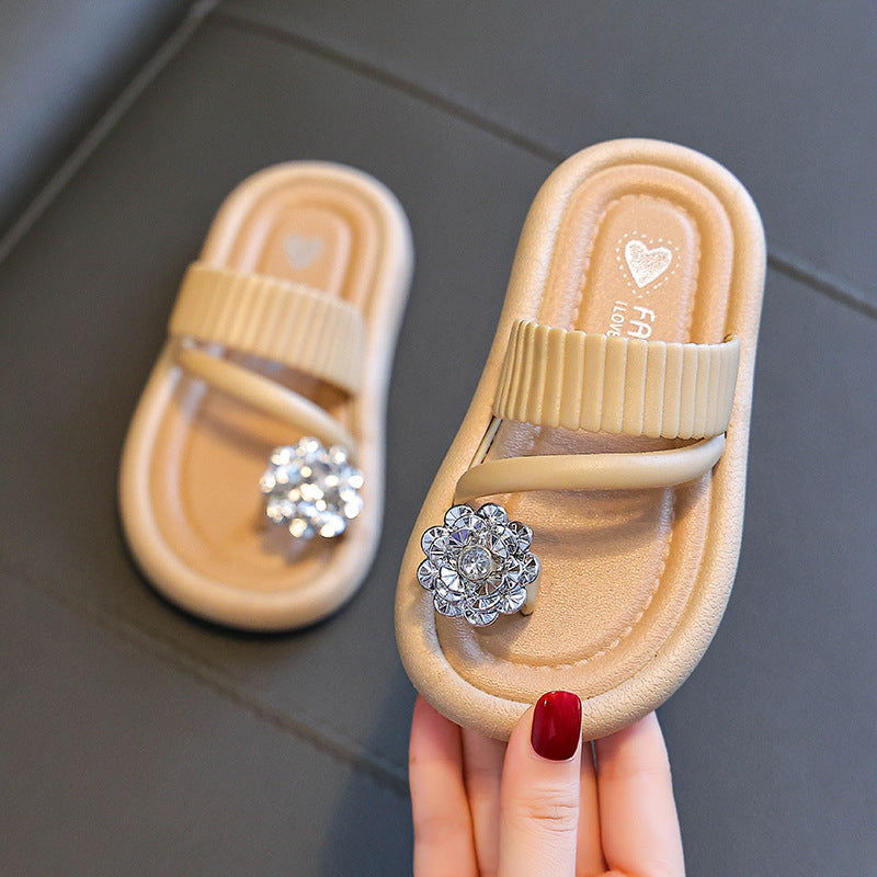 Girls' flip-flop slippers in apricot, ribbed strap with rhinestone flower on top