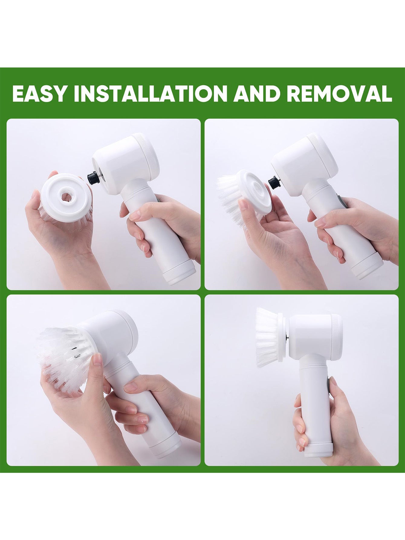 Hands installing and removing brush head on a cordless electric spin scrubber