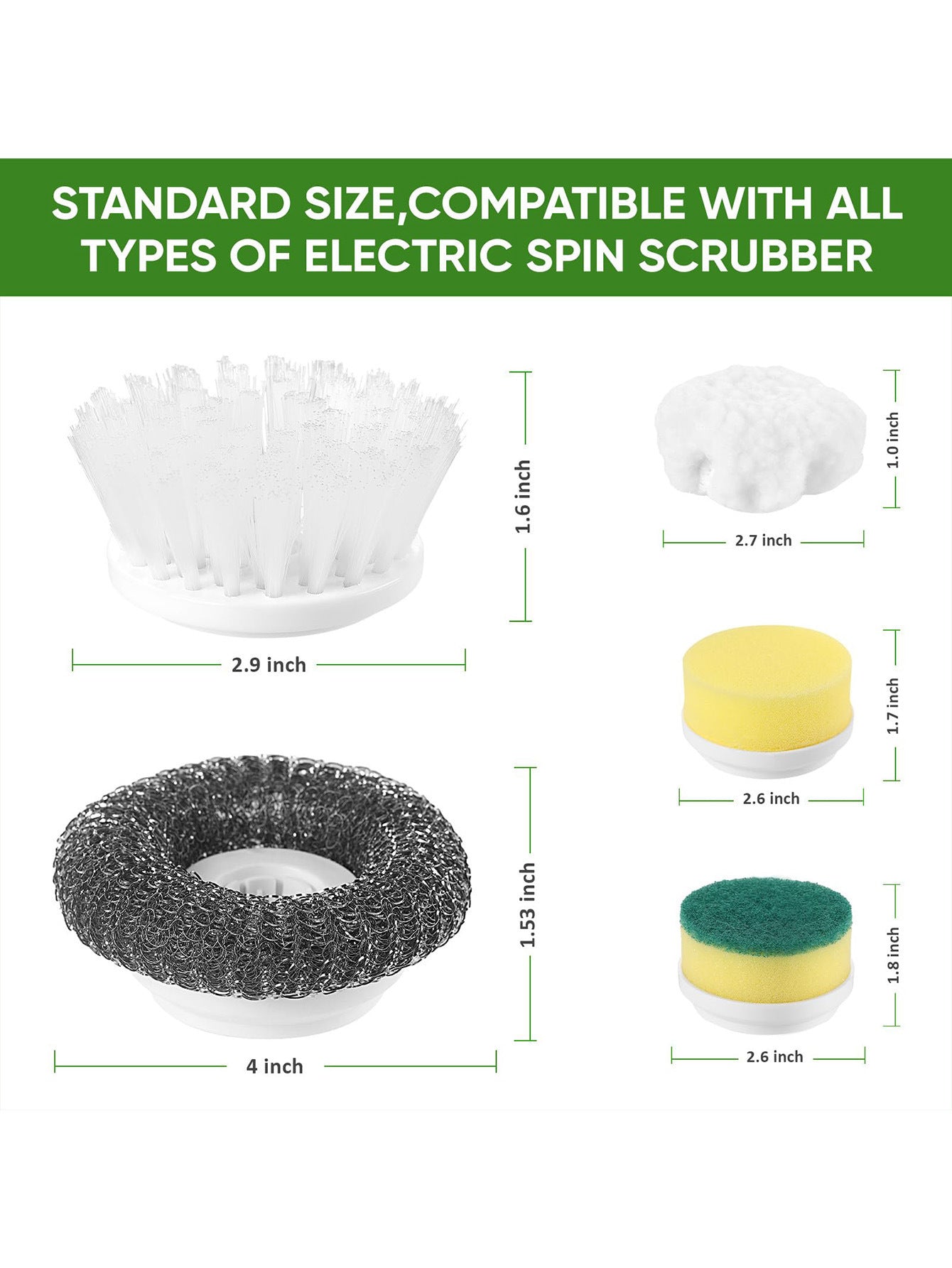 Set of replacement spin scrubber heads with size illustrations: foam, sponge, brush