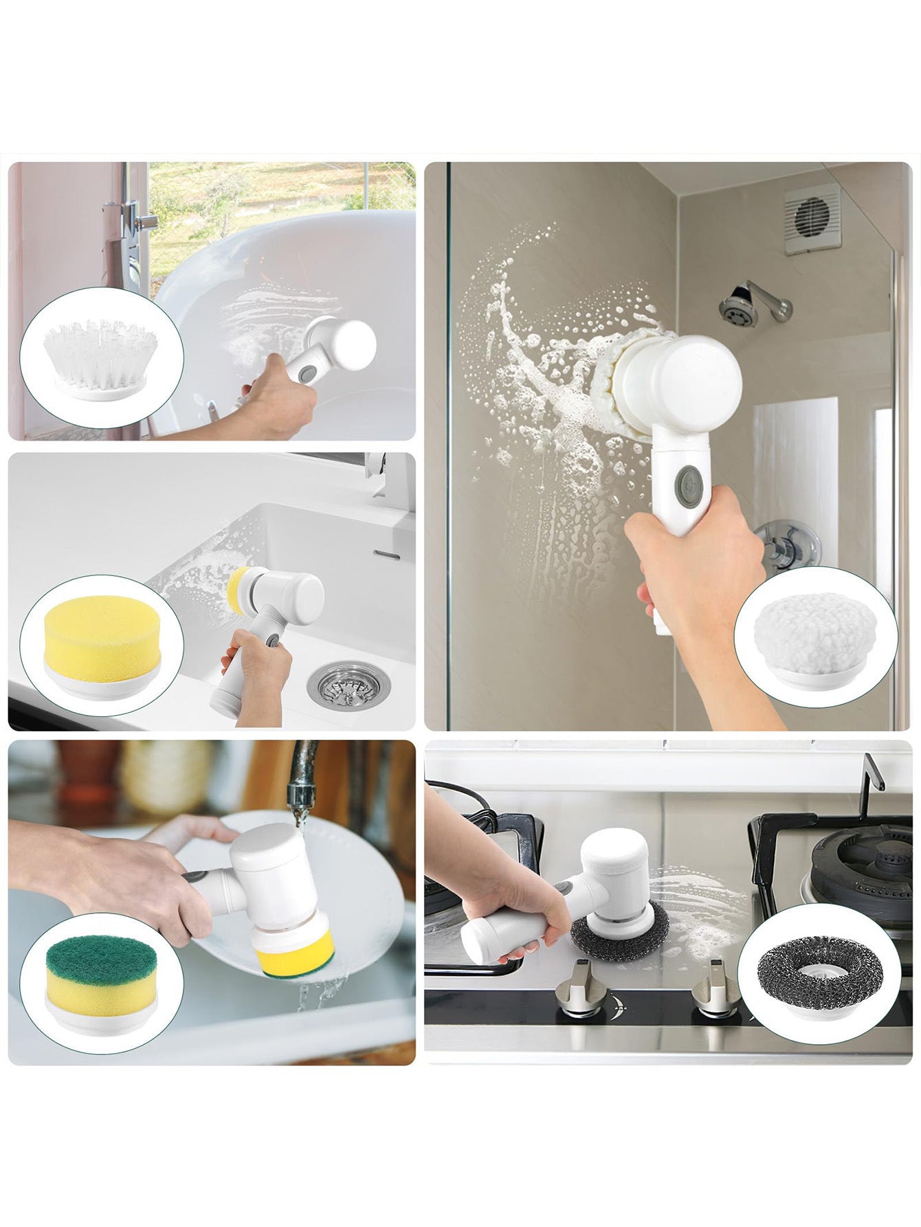 Electric spin scrubber with foam pad cleaning bathroom surfaces and sink areas