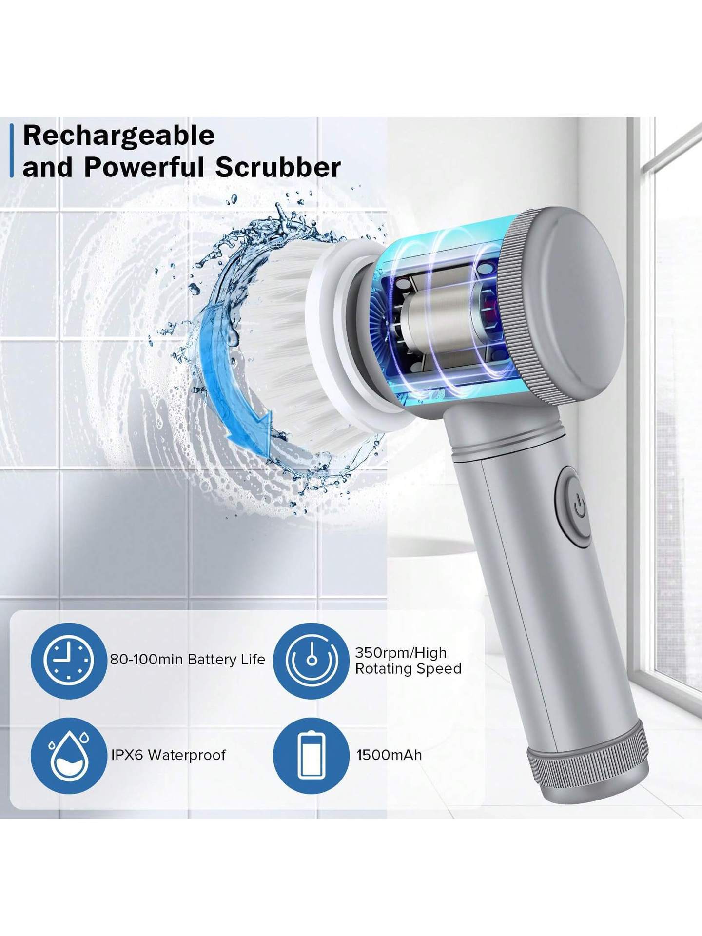 White-and-grey rechargeable power scrubber with spinning brush head, splashproof body
