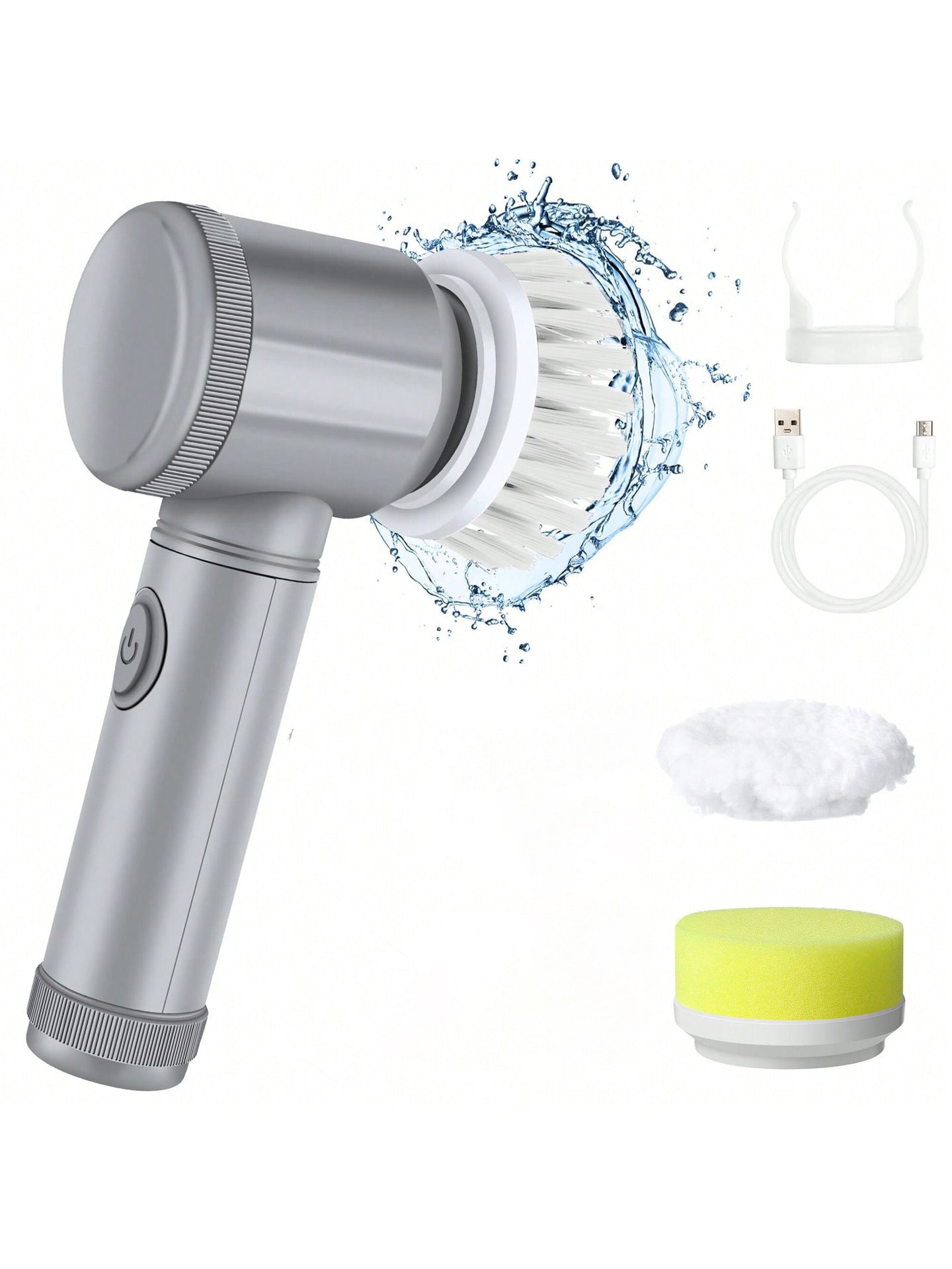 Grey electric spin scrubber with spinning brush head and included replacement pads