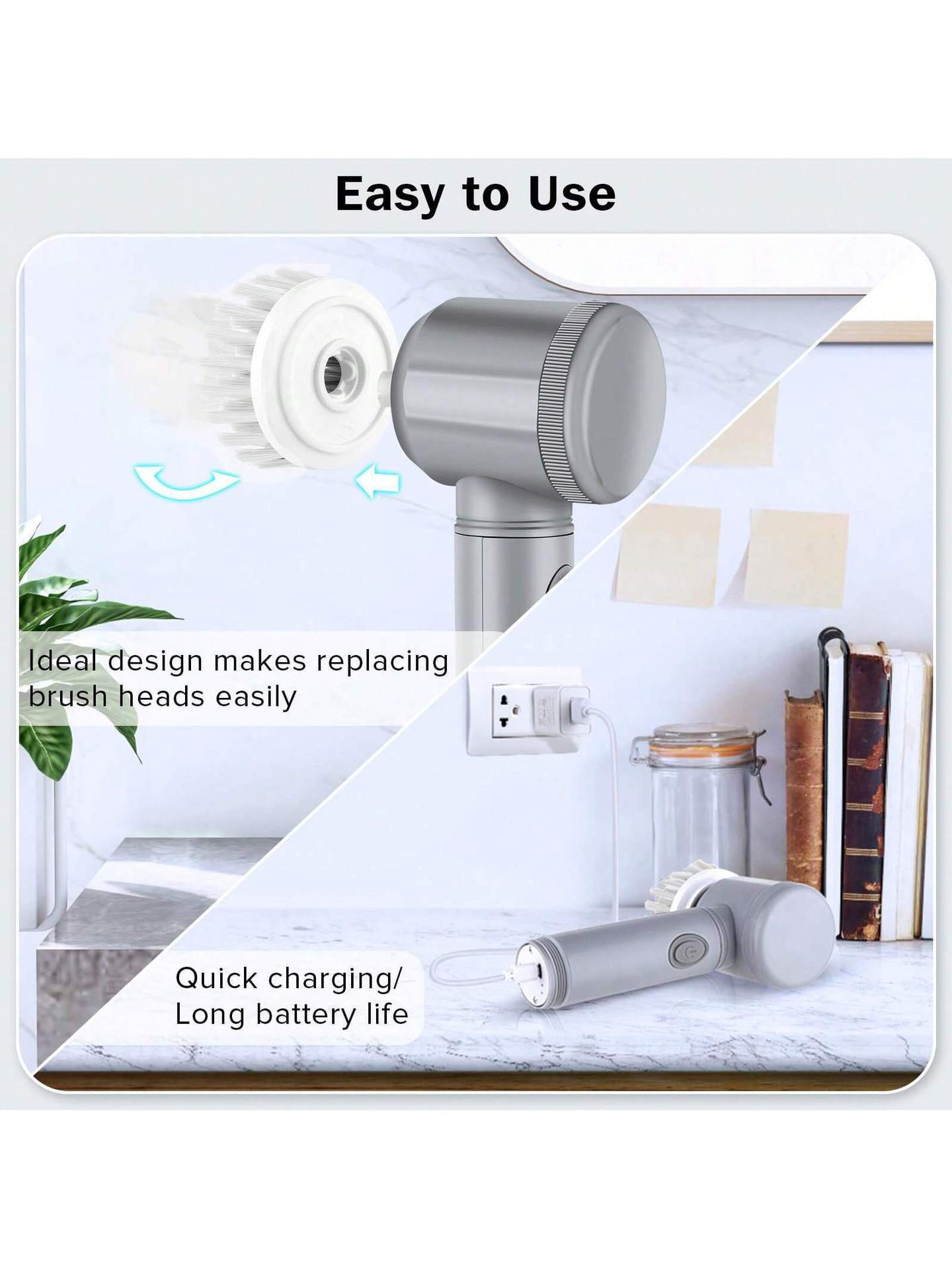 Cordless electric spin scrubber with removable brush head and charging base