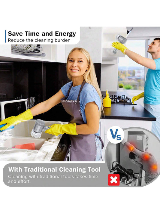 Grey electric spin scrubber cleaning kitchen surfaces for faster, easier scrubbing