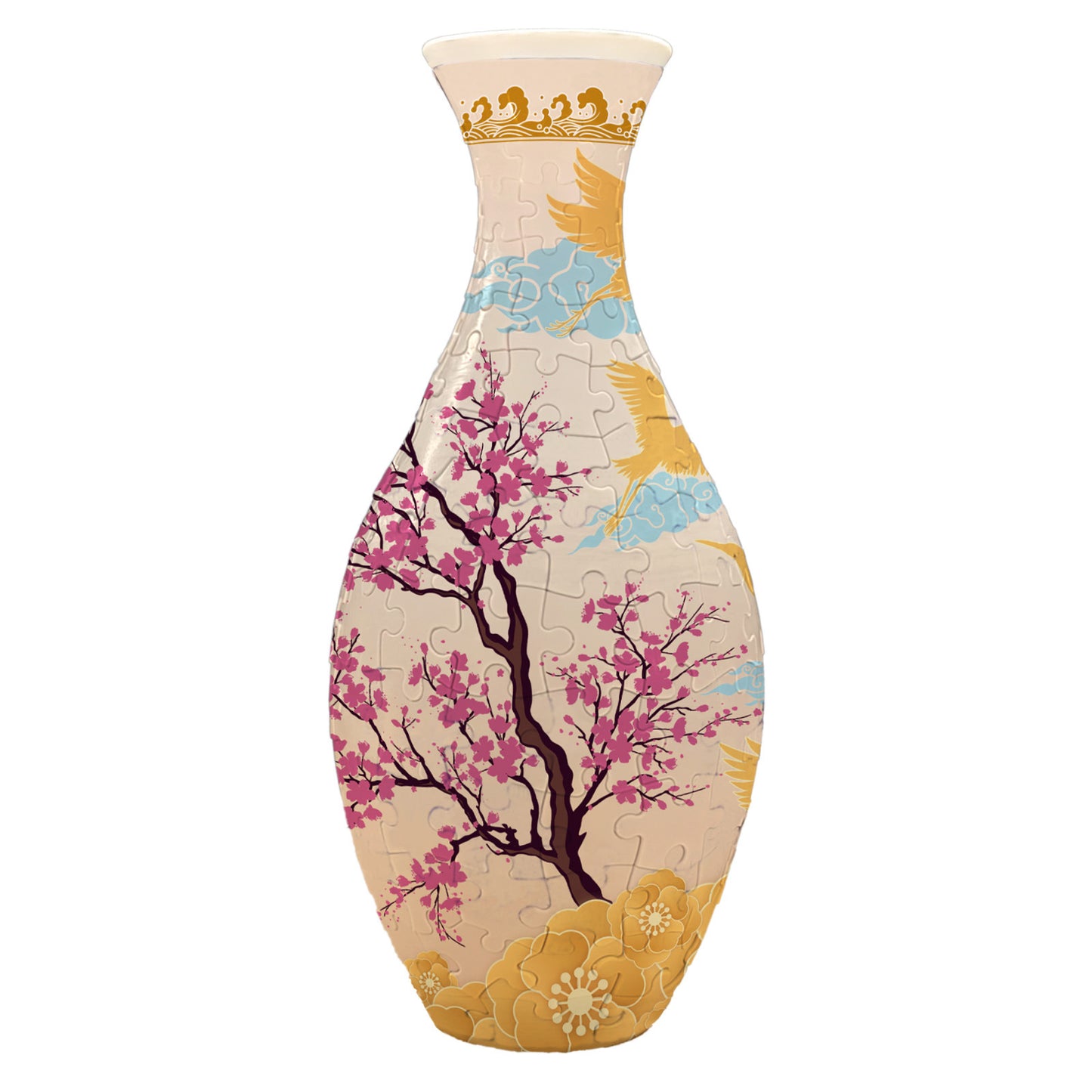 3D puzzle vase, beige with pink blossoms and gold accents on puzzle-piece design