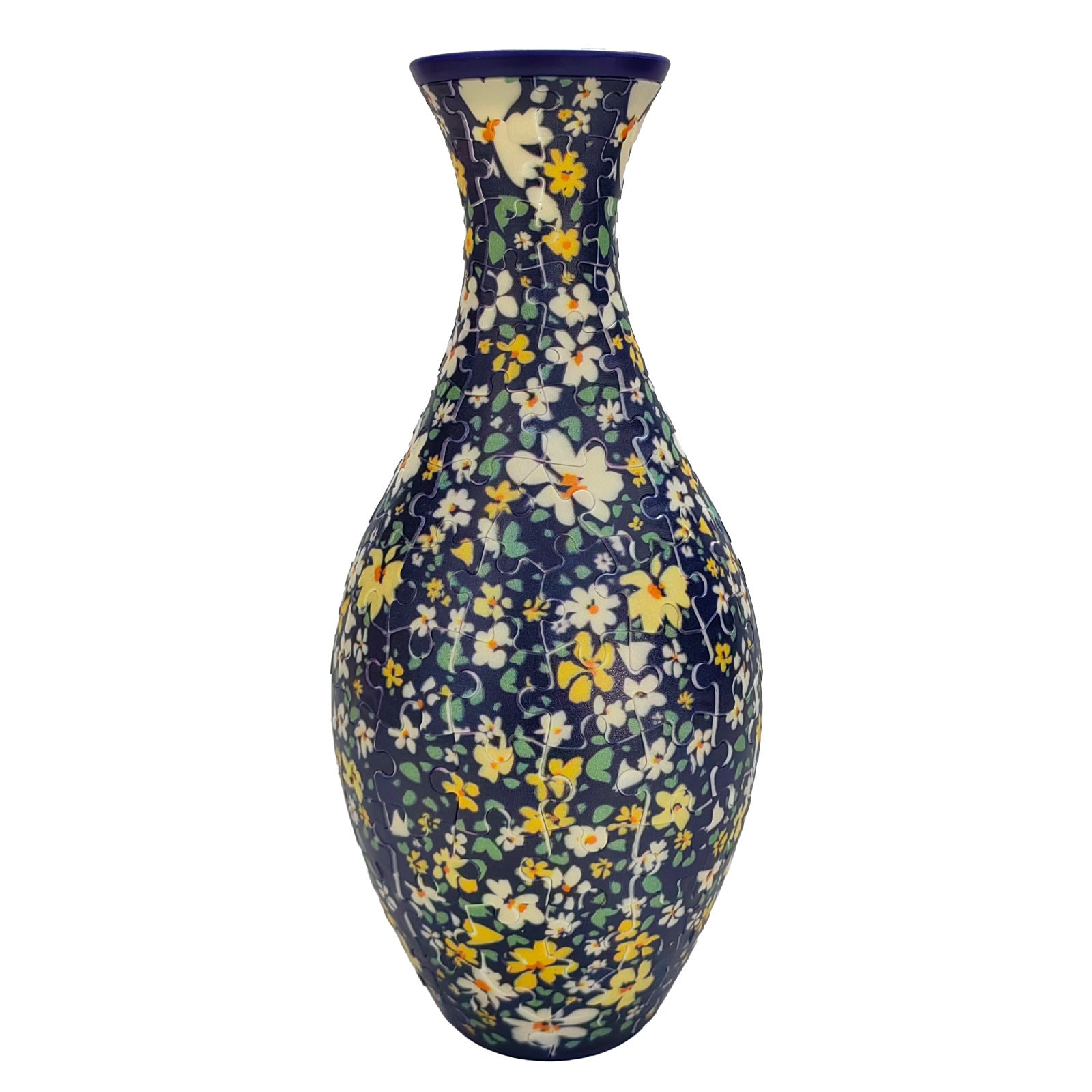 3D puzzle vase, dark blue with yellow and white flowers on a jigsaw-piece surface
