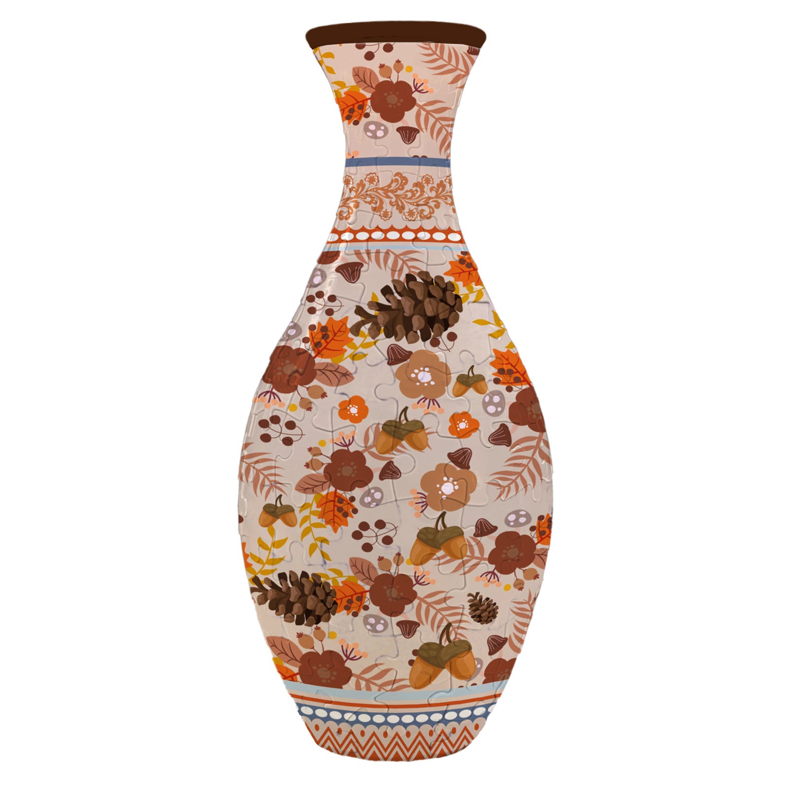 3D puzzle vase, cream with orange-brown floral and leaf print on puzzle-piece texture
