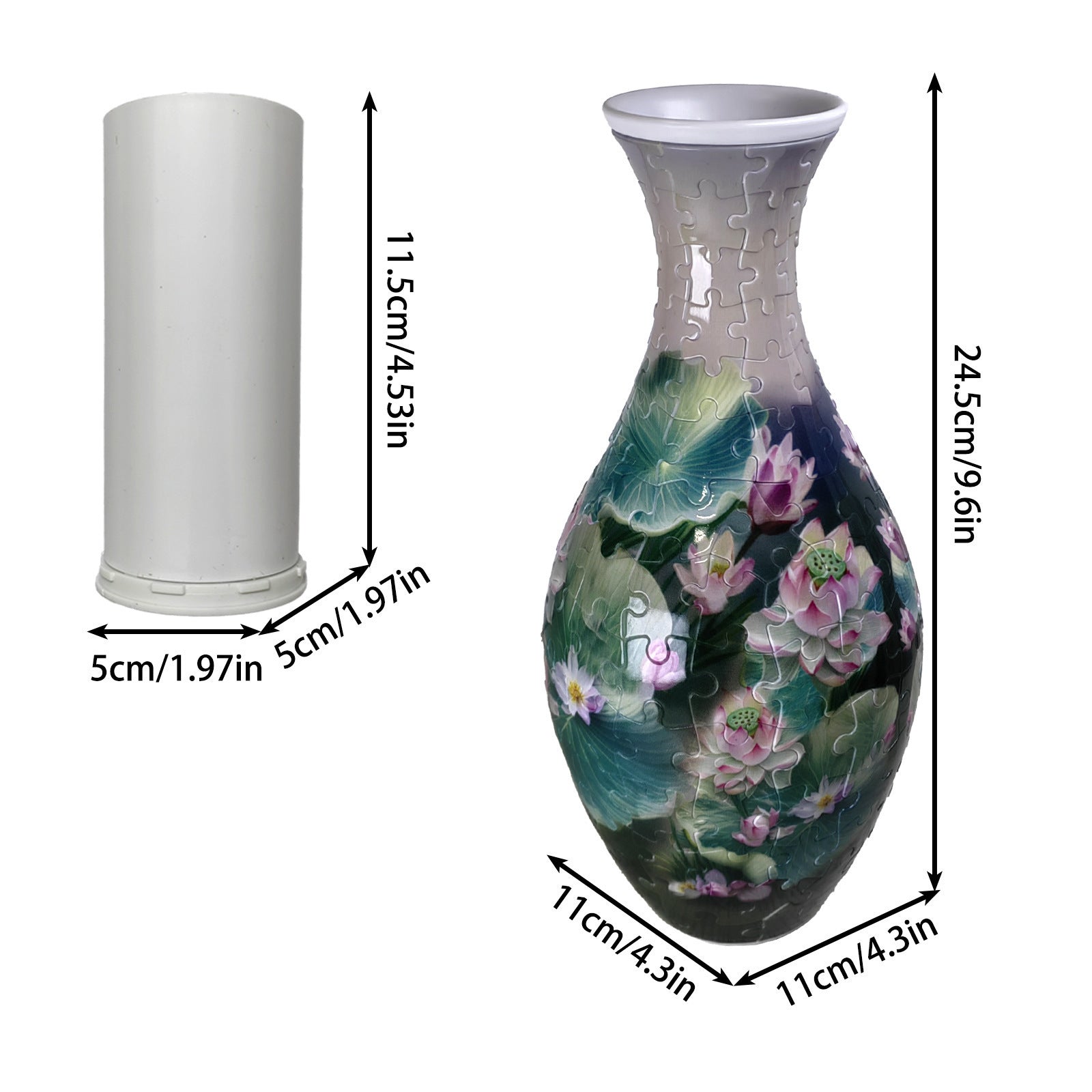 3D puzzle vase, dark green with purple and pink flower scene on jigsaw-piece body
