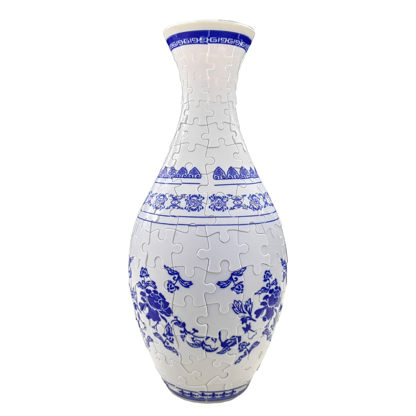 3D puzzle vase, white with blue floral design and fitted jigsaw-piece look