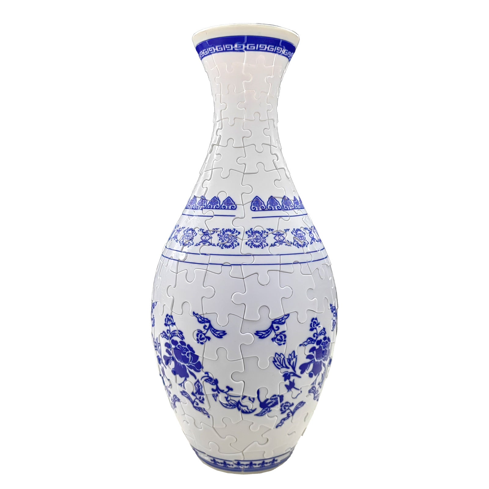 3D puzzle vase, white with blue floral design and fitted jigsaw-piece look