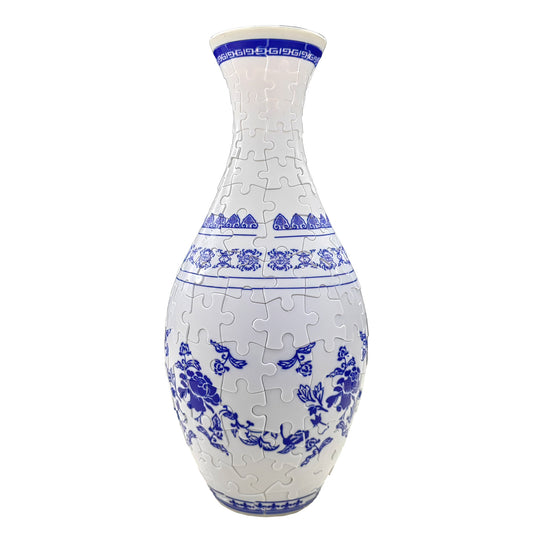 3D puzzle vase, white with blue floral design and fitted jigsaw-piece look