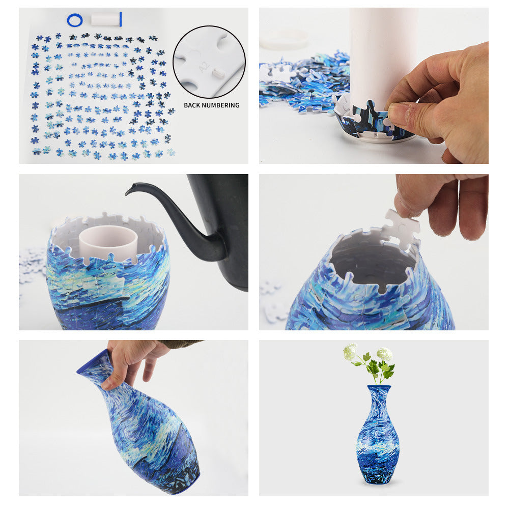 Blue-and-white decorative puzzle vase being assembled by hand, pieces fitted around neck.