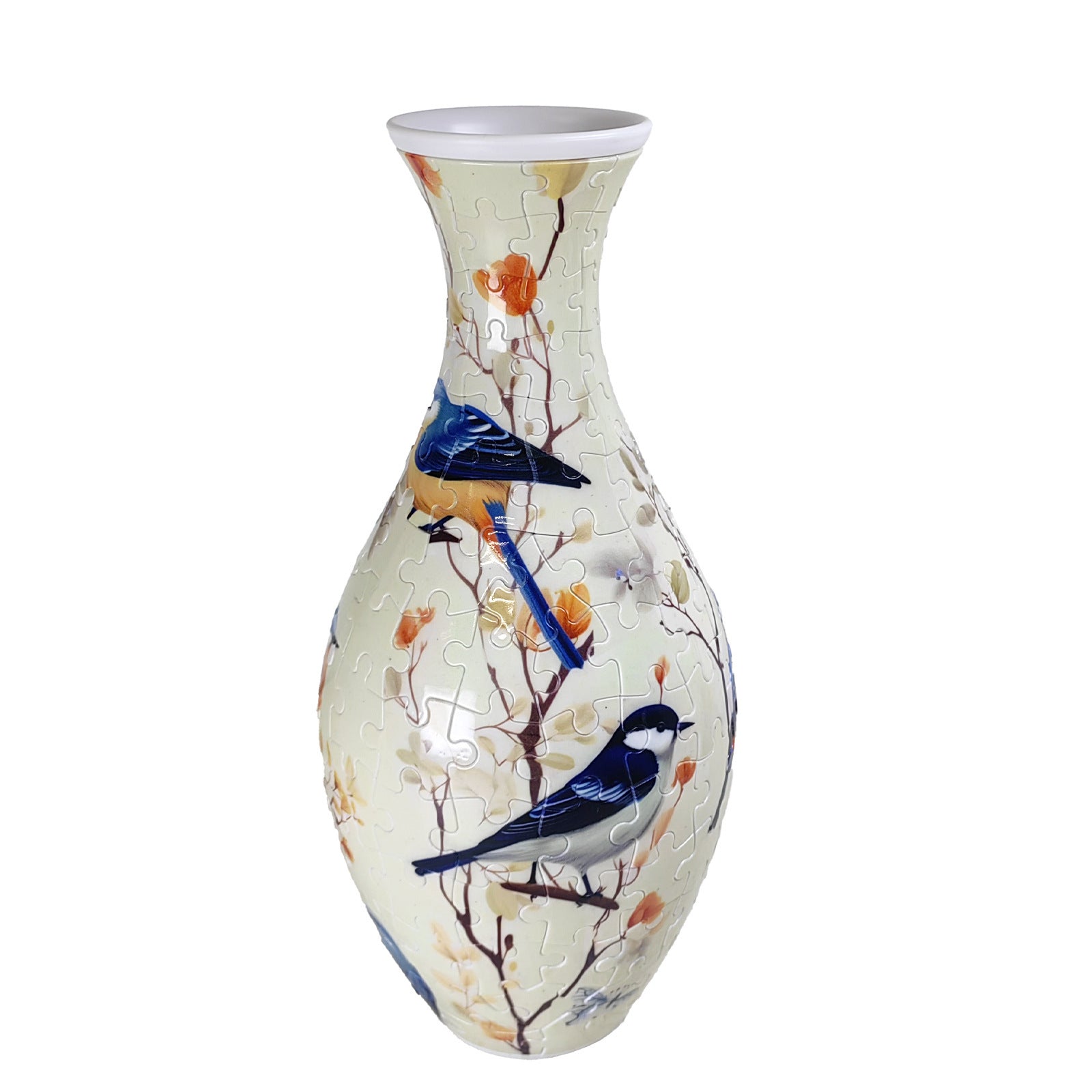 White bird-themed puzzle vase with blue and orange accents, tall narrow neck.