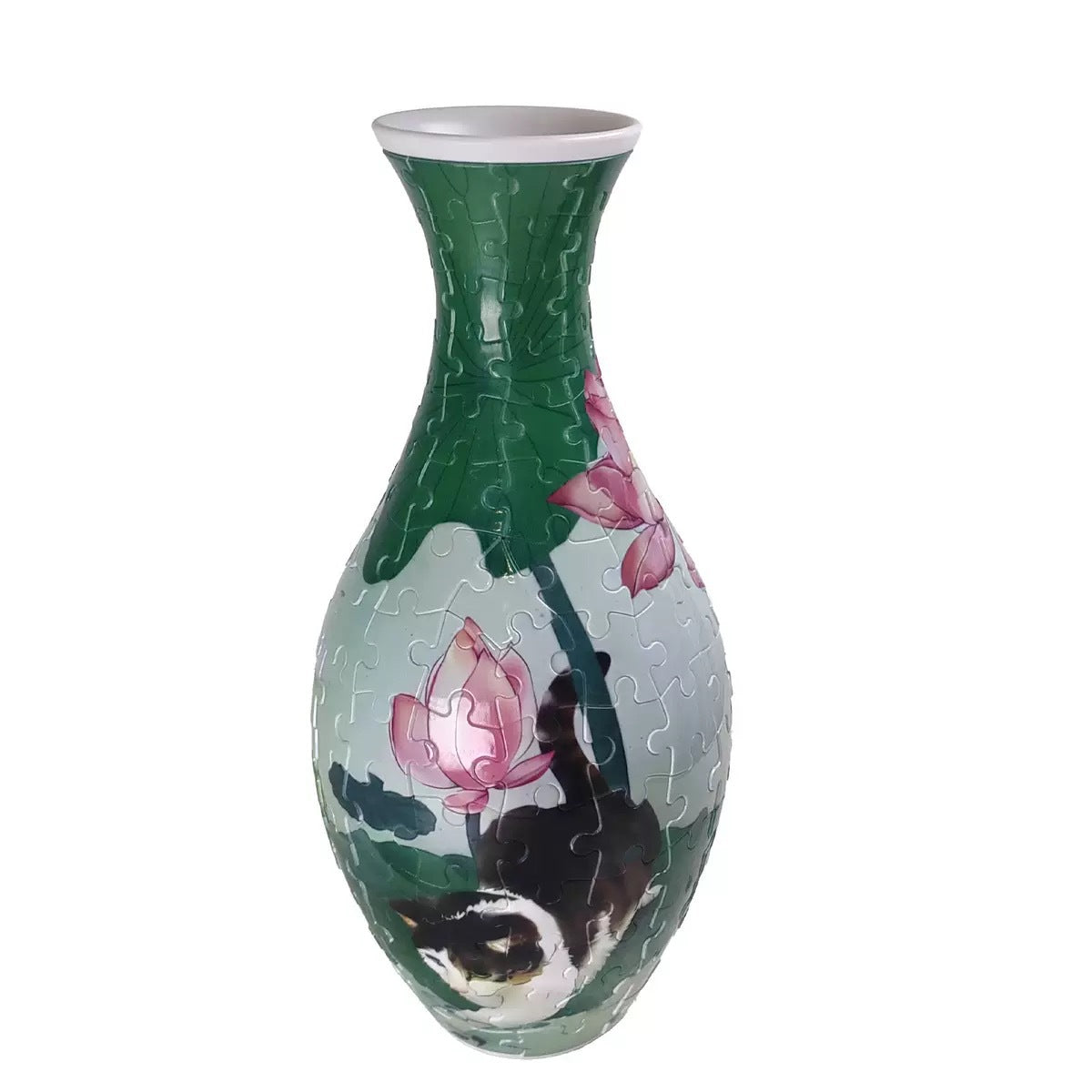 3D puzzle vase, pale green with pink flowers and dark bird face on puzzle-piece look