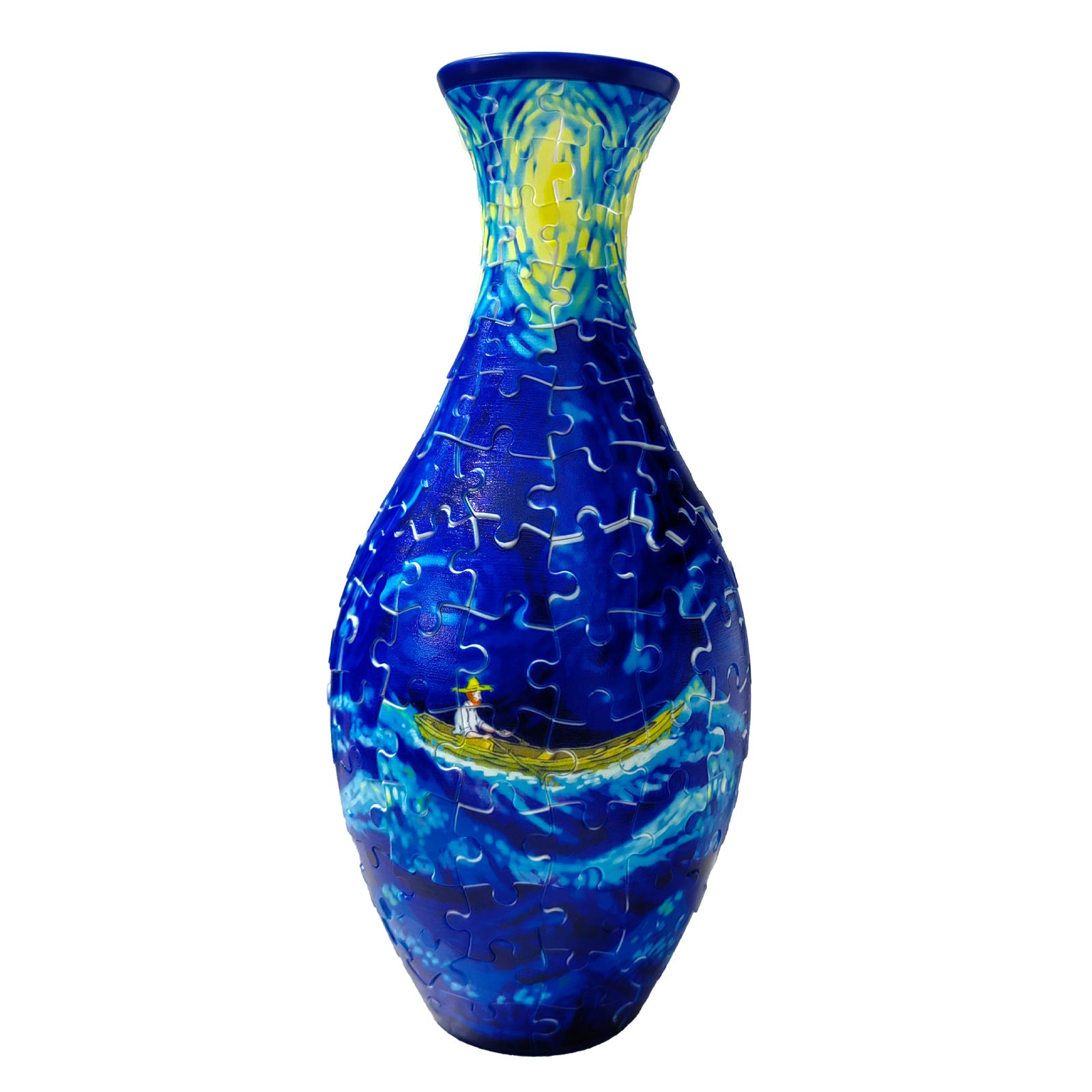 3D puzzle vase, deep blue with bright yellow-green center on jigsaw-piece body