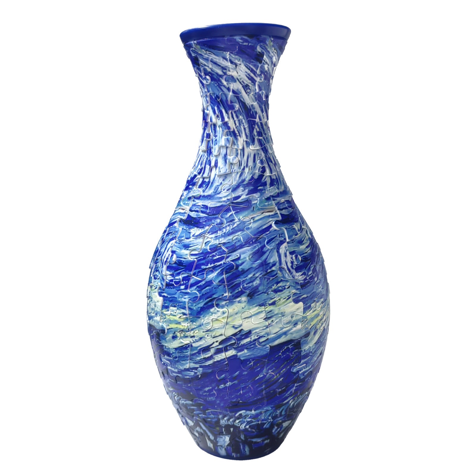 3D puzzle vase, glossy blue with wave-like pattern and puzzle-piece texture