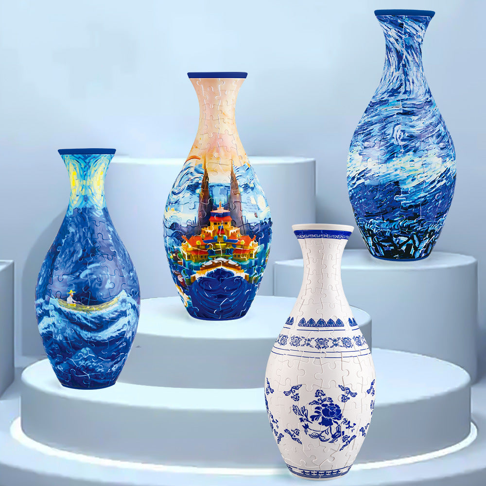 Set of blue, orange, and white decorative puzzle vases on display pedestals.