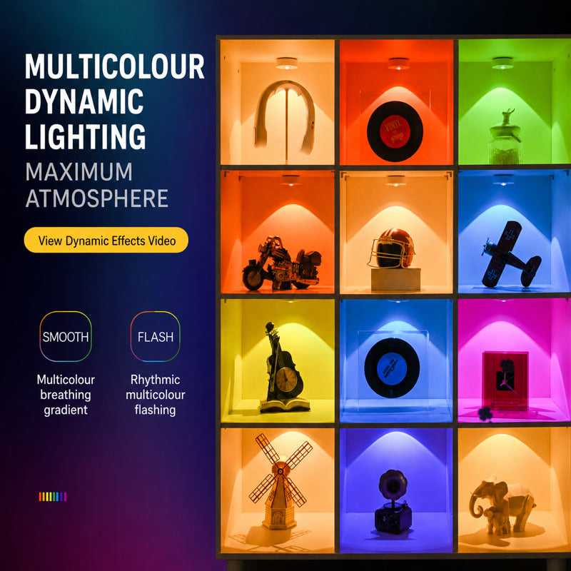 Multicolour dynamic RGB LED cabinet light system showing multiple lighting modes
