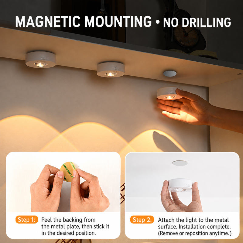 Pair of white round magnetic LED cabinet lights with remote, no-drill mounting