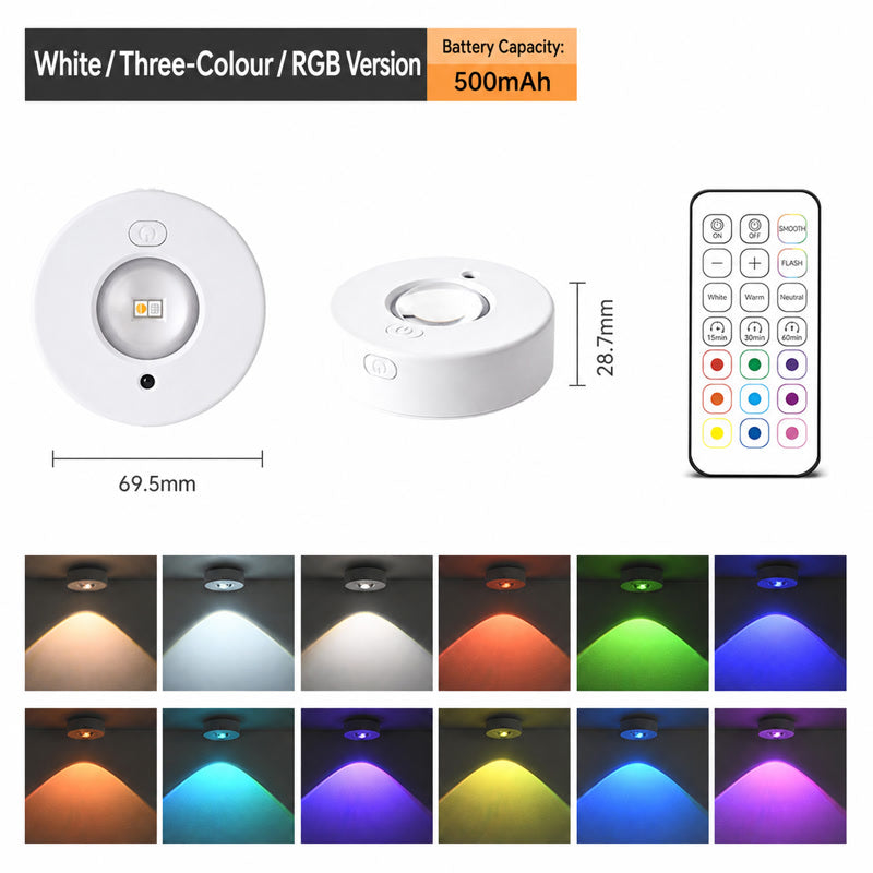 Rechargeable magnetic RGB LED cabinet light, white round body with remote control