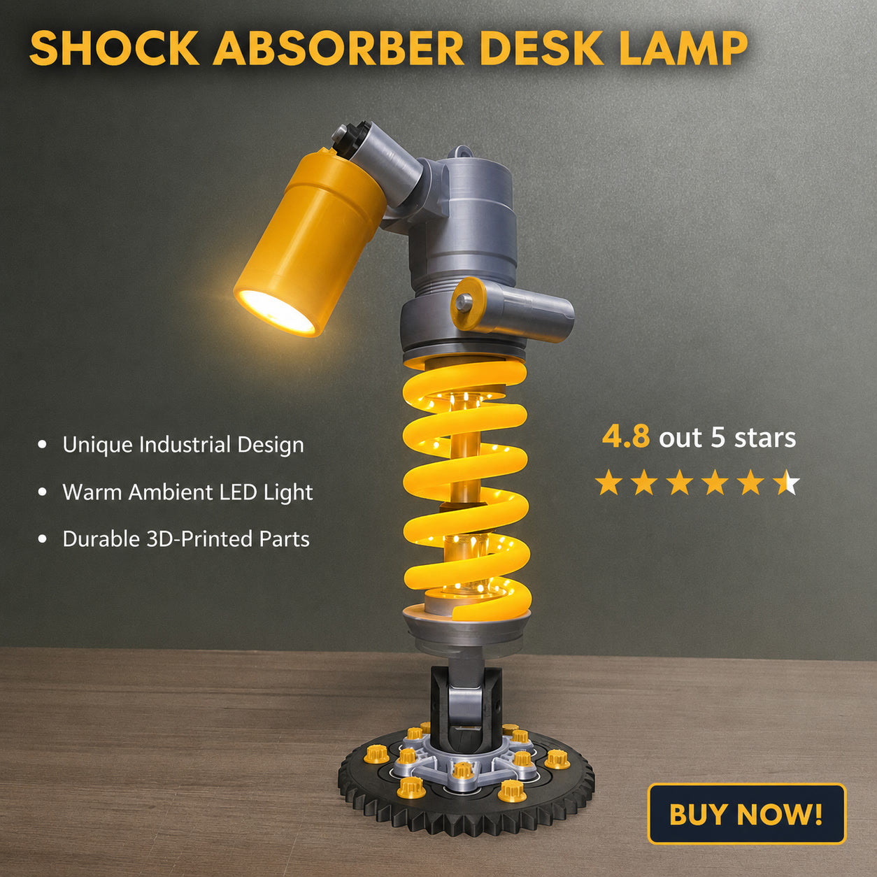 Shock absorber desk lamp on dark gear-style base with glowing amber bulb