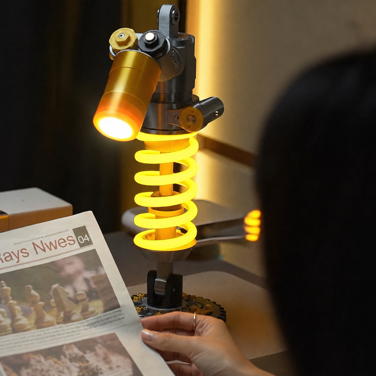 Shock absorber-style desk lamp with glowing bulb, gold coil spring, and gray body