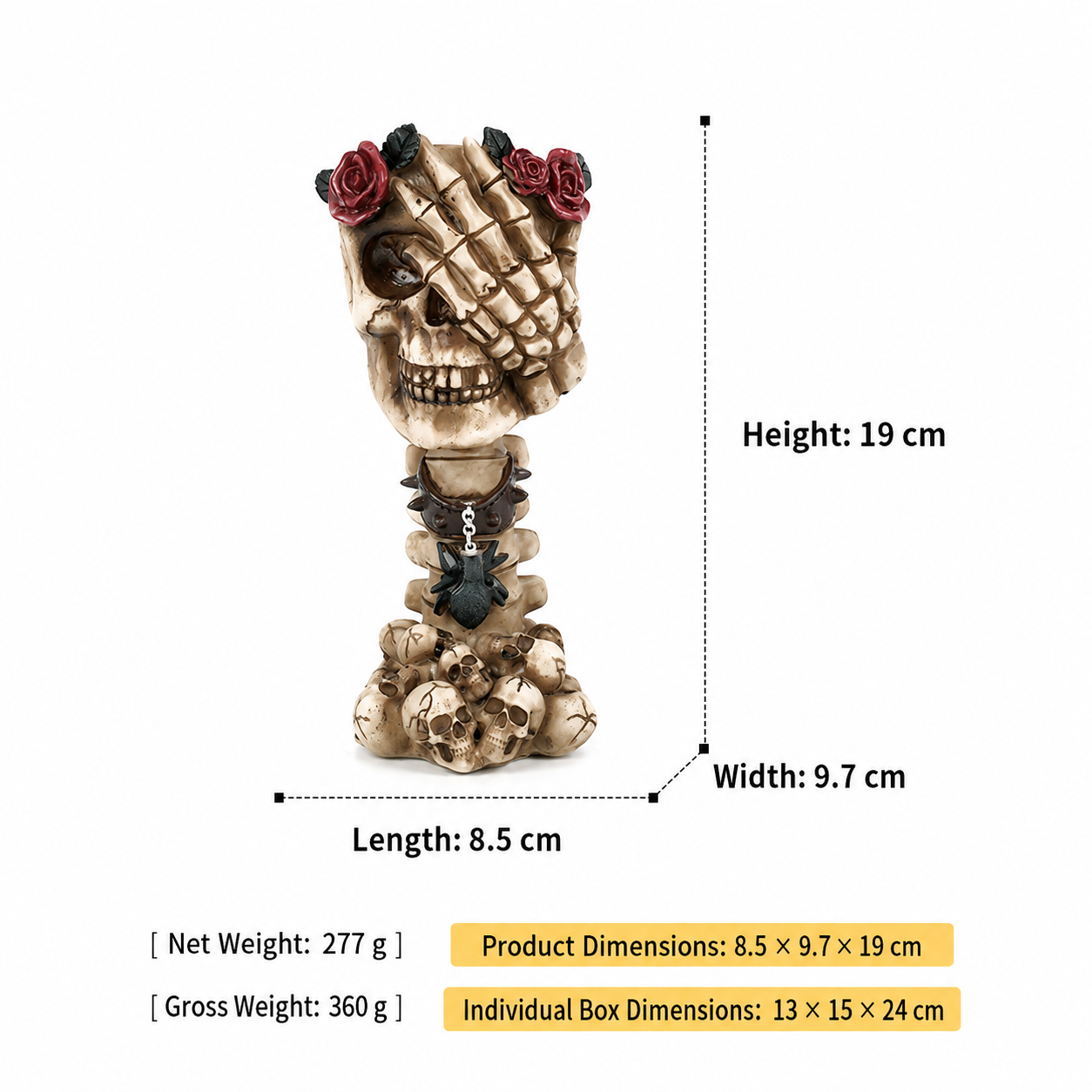 Skull hand vase ornament, dark stone tone with red roses, hands covering eyes