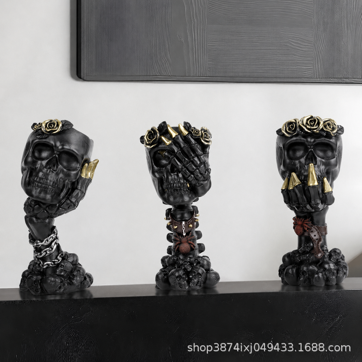 Black skull hand vase ornament set of three, gold accents, rose detail, chain
