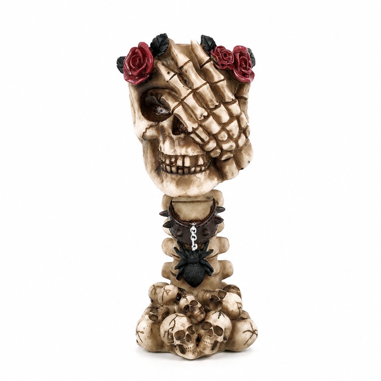 Beige skull hand vase ornament with red roses on top and dark chain base