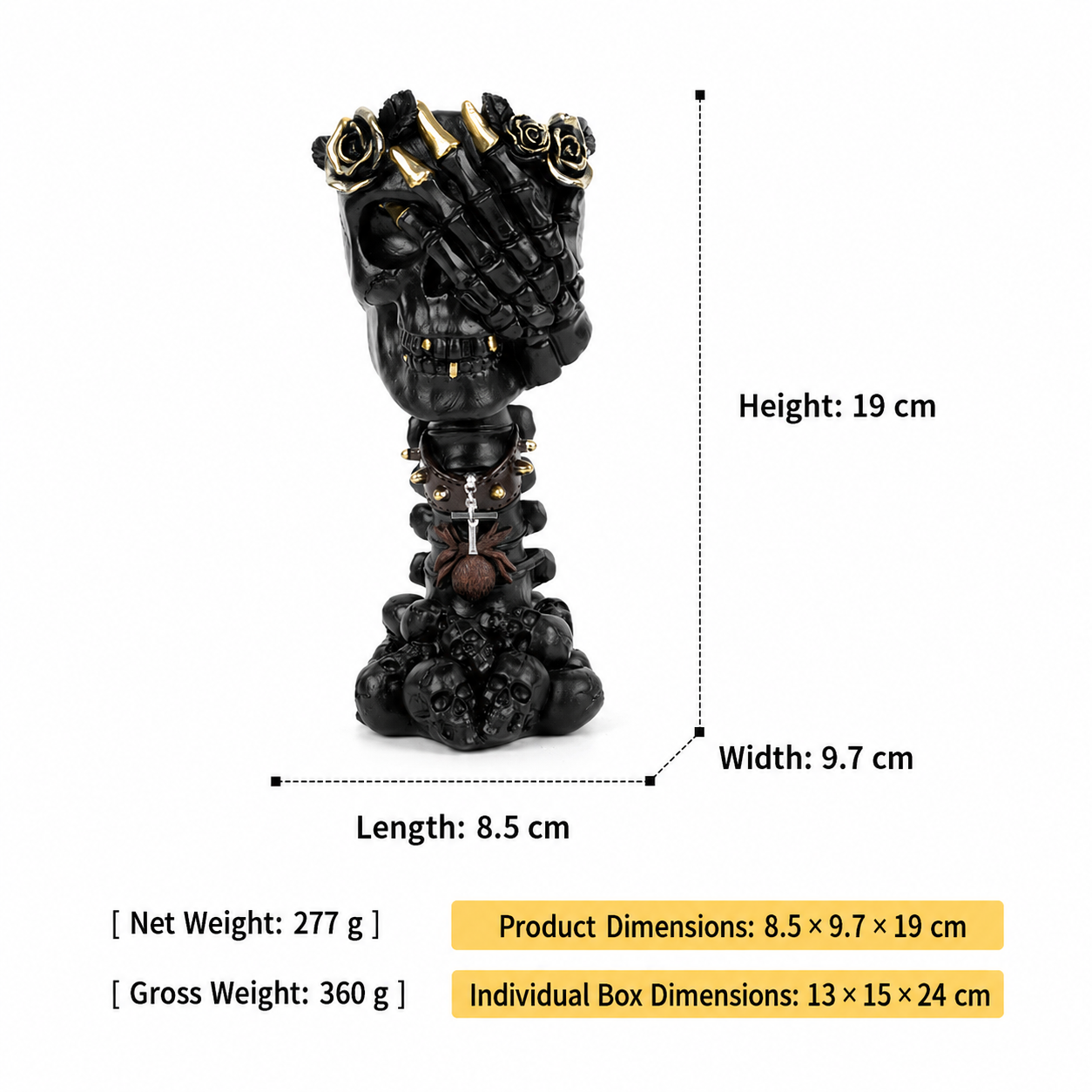 Black skull hand vase ornament with gold roses on top, red accents, and chain
