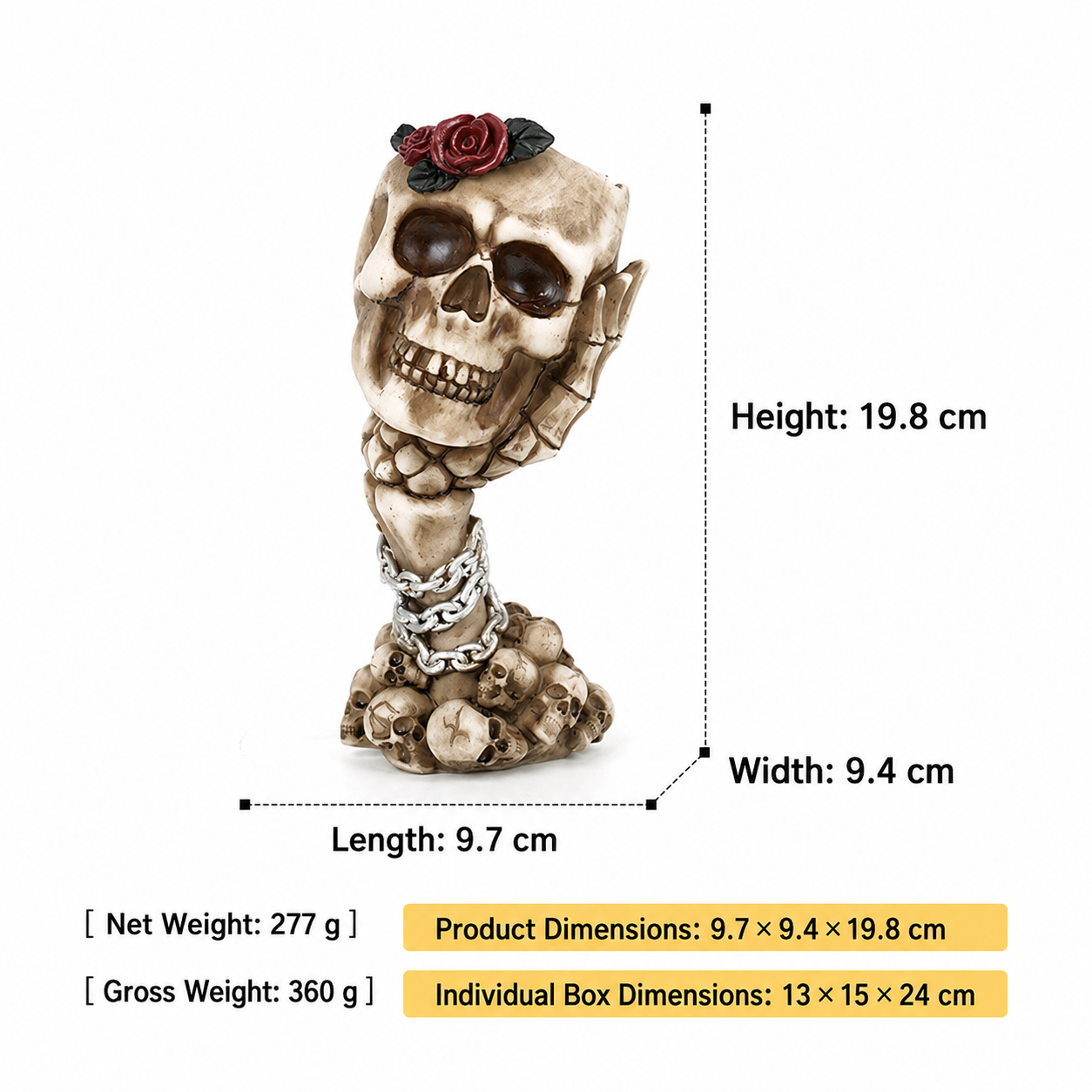 Beige skull hand vase ornament with red roses, dark chain, and black sunglasses motif
