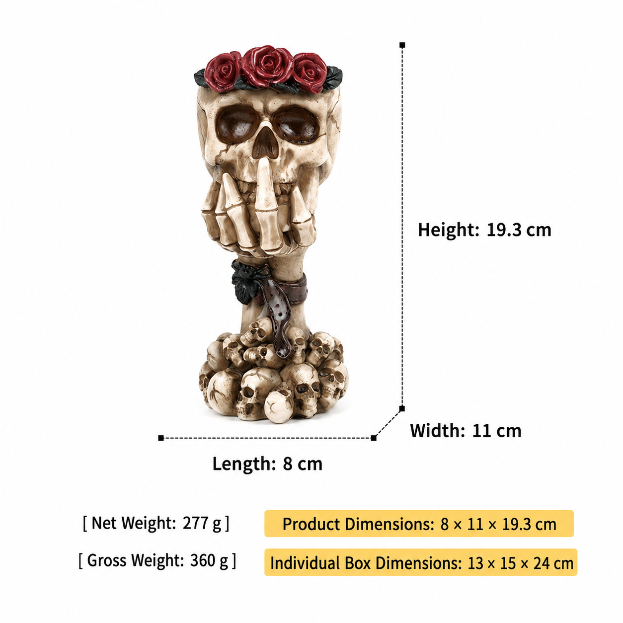 Beige skull hand vase ornament with red roses and dark bow detail on chain base