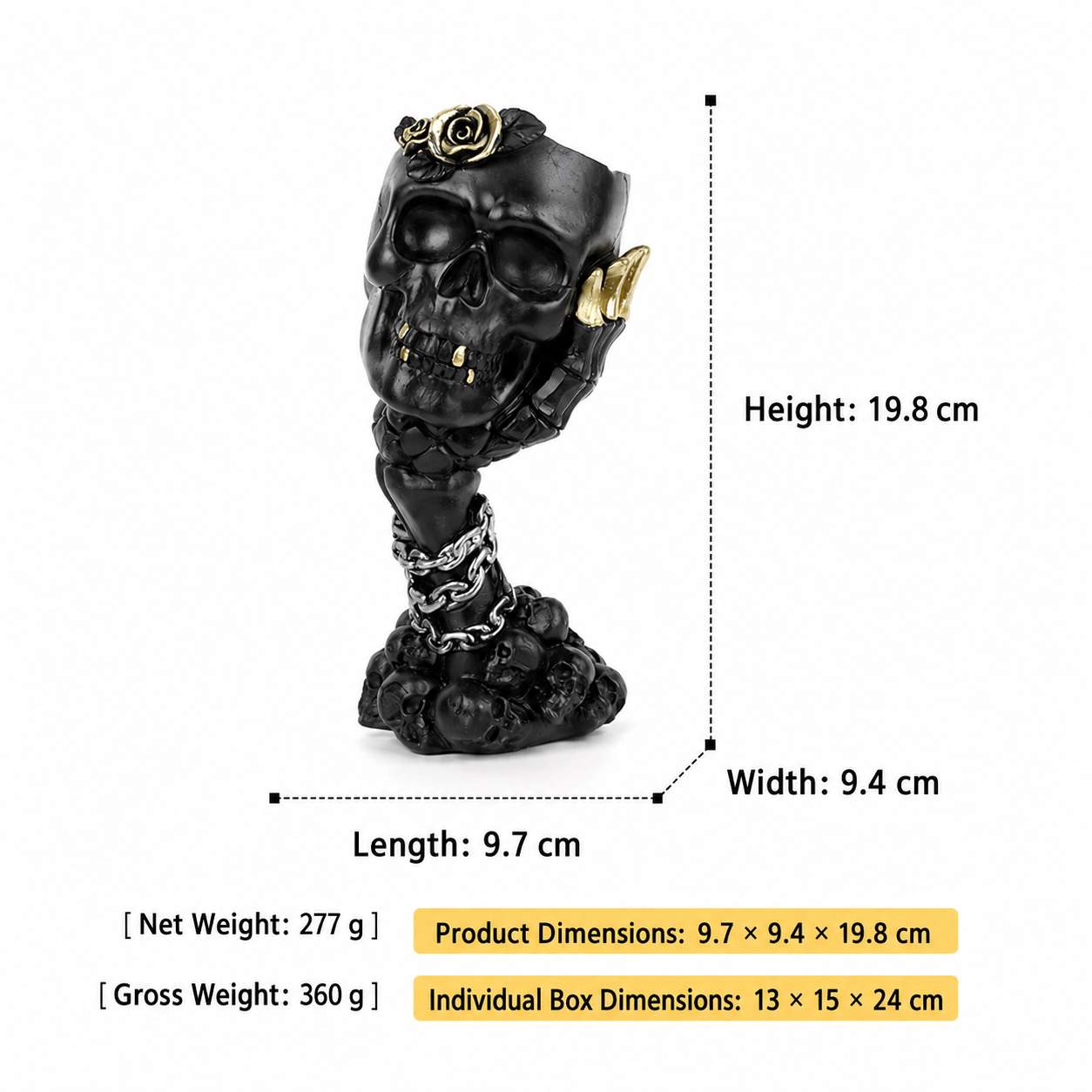 Black skull hand vase ornament with gold roses on top and dark chain links