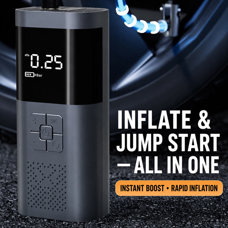 Compact portable inflator with digital pressure readout, SOS button panel, and ventilation holes