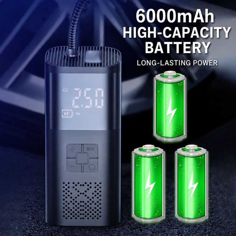 Portable tire inflator with front digital display, control buttons, and air outlet vents