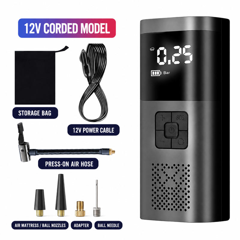 Portable wired 12V tire inflator with digital gauge display and air hose attachment kit