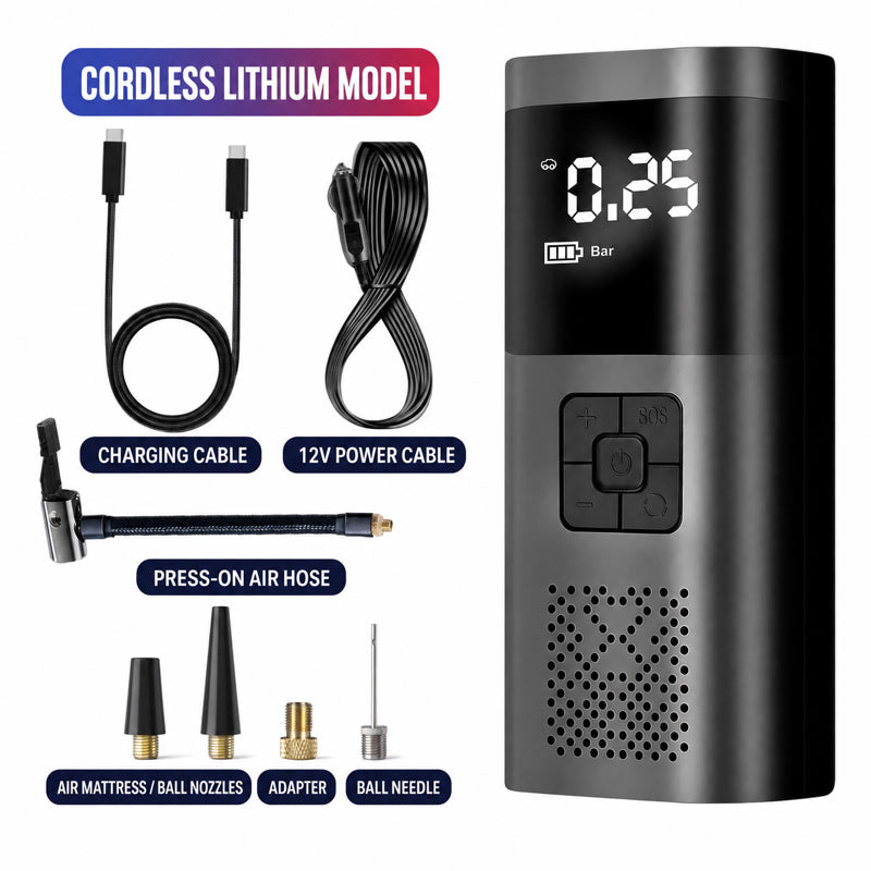 Cordless portable digital tire inflator with digital bar gauge display and charging cables