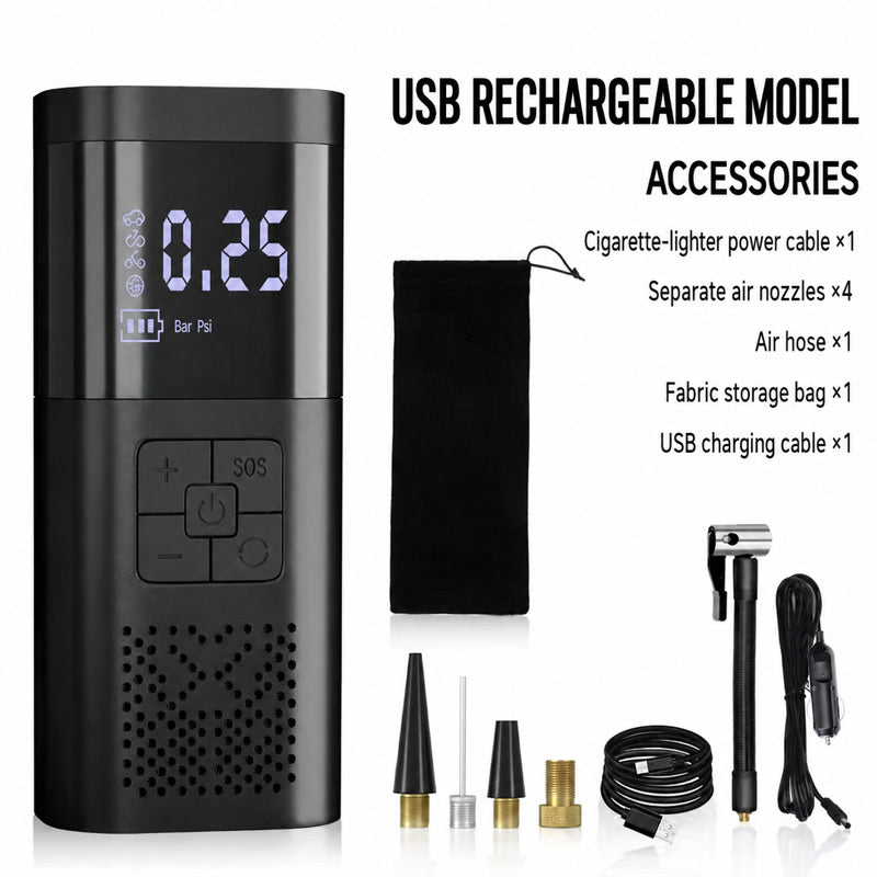 Black rechargeable portable tire inflator with digital screen and included accessory set