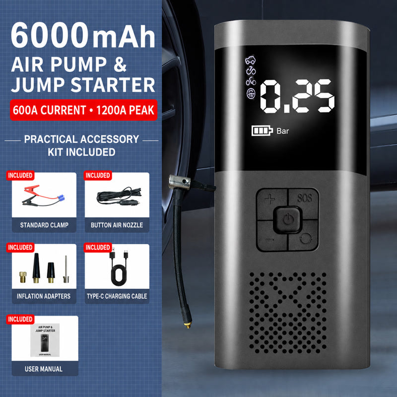 Portable 6000mAh air pump and jump starter with digital pressure readout on metal body