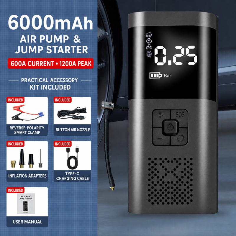 Portable air pump and jump starter unit with digital gauge display on black housing
