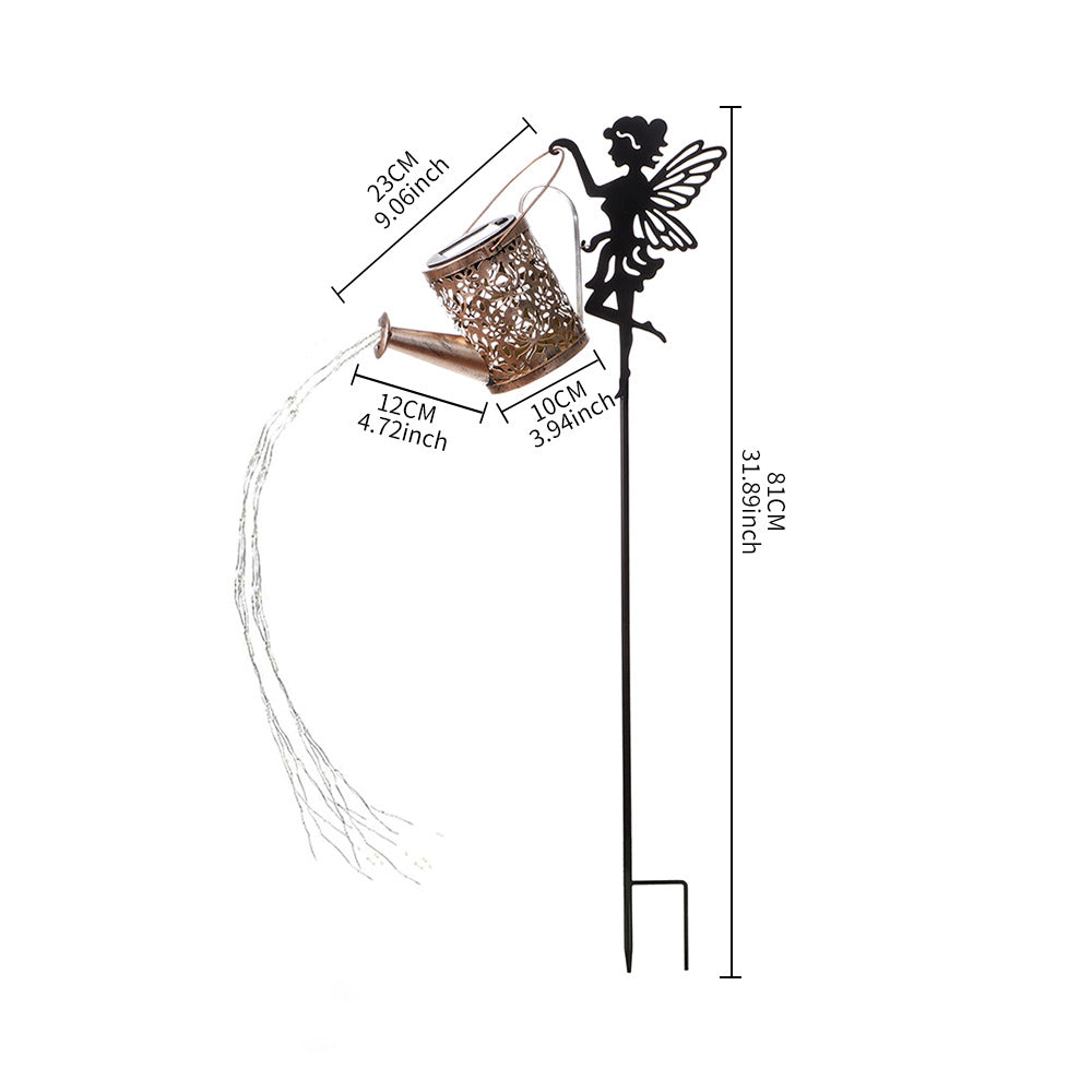 Solar fairy lawn projection lamp with dimensions, bronze lantern, and black angel stake