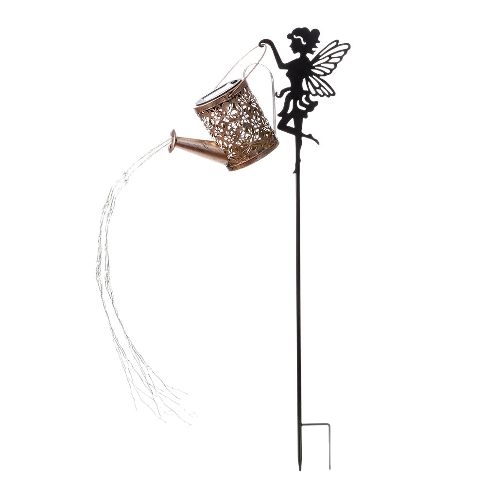 Solar lawn projection lamp with bronze lantern and black angel figurine on metal stake