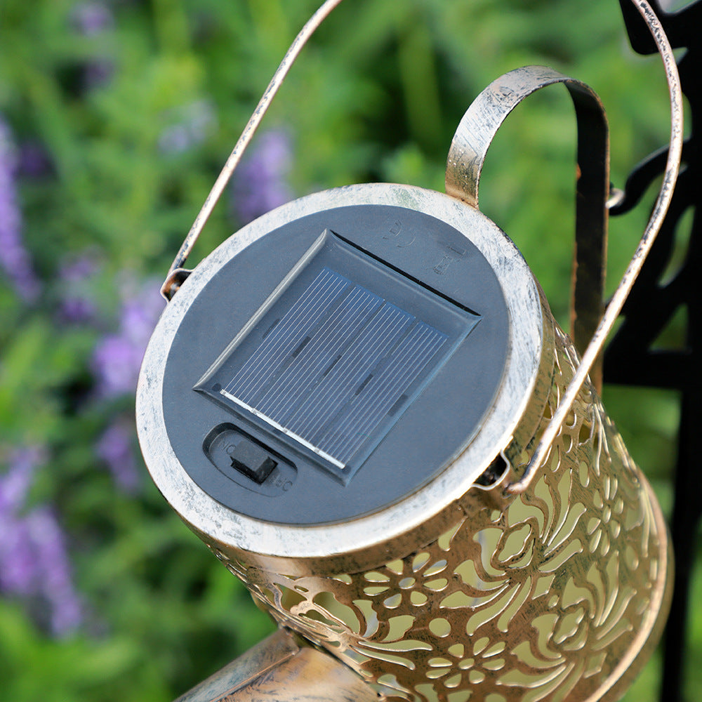 Bronze solar lantern lamp head with circular solar panel and etched gold pattern