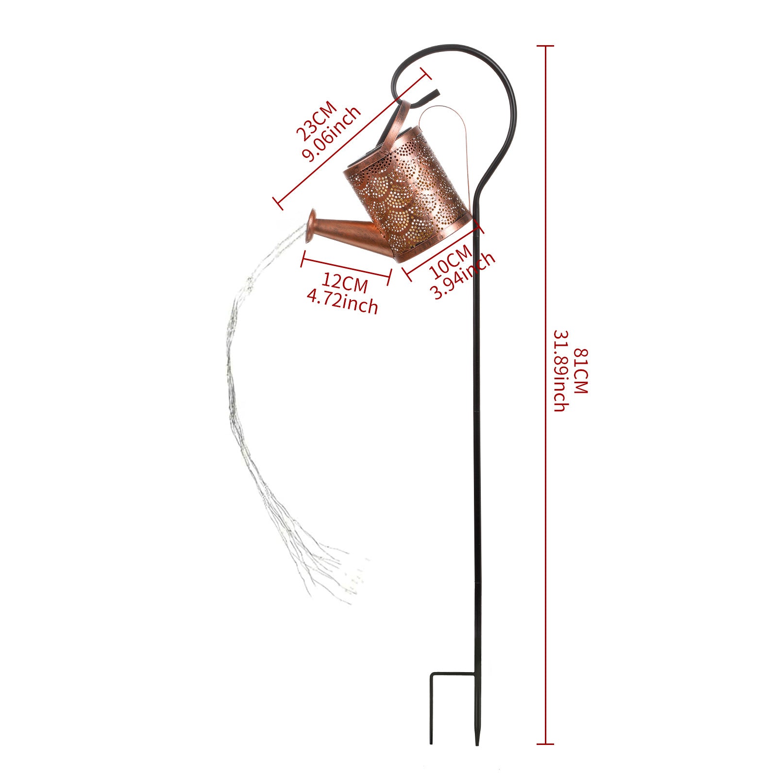 Copper lantern solar projection light with black stake and curved handle