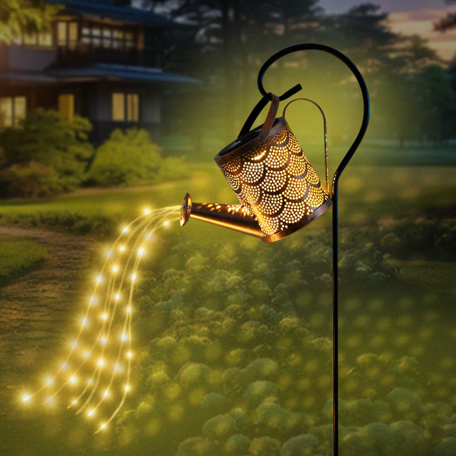 Warm glowing solar garden projection lamp casting light trails from copper lantern head